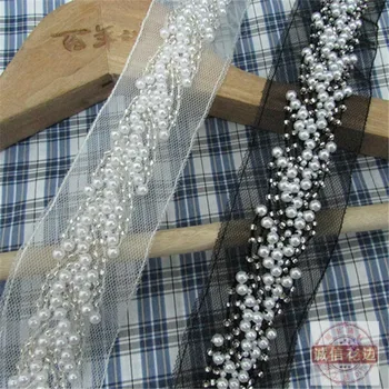 

2yards Quality Pearl Lace Ribbon for skirt cuff clothes decoration Pearl Beaded Lace Chain Trim Collar
