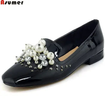 

ASUMER black apricot spring autumn ladies single shoes casual square heel shallow bling women genuine leather low heels shoes