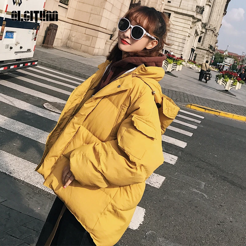 

OLGITUM Winter Cotton Coat Pad Female the Short Loose Hooded Bread BF Harajuku Thick Down Cotton