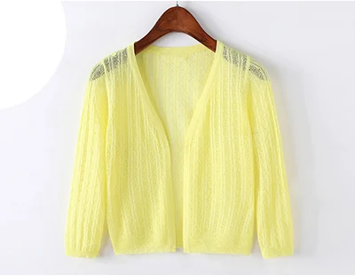 Bright yellow Лето г. ice Шелковый Тонкий Вязание для женщин кардиган короткий v-образный вырез полые пальто Солнцезащитная одежда снаружи шаль z25 - Цвет: Bright yellow