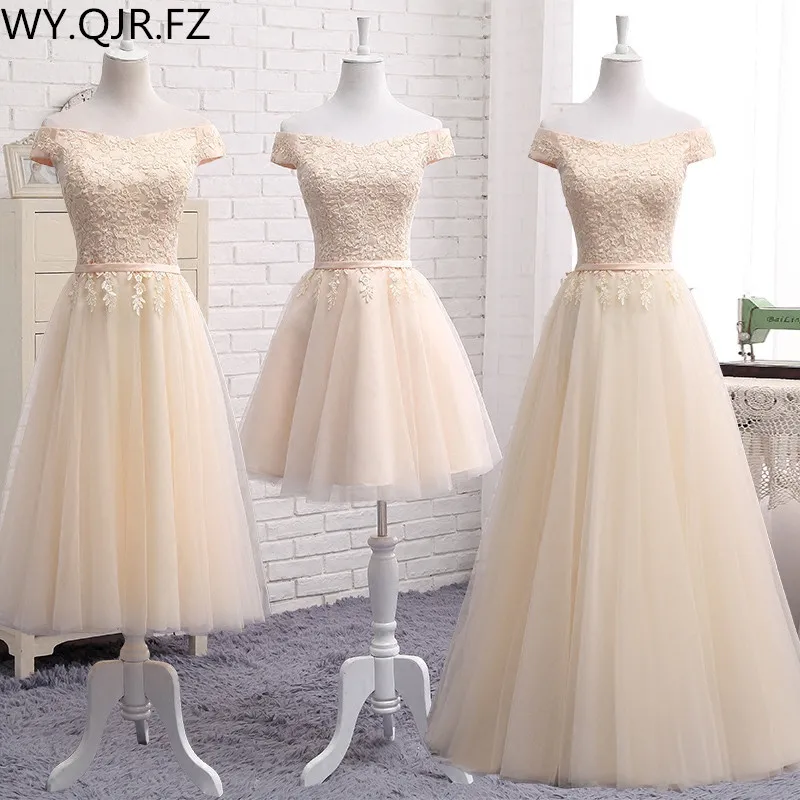 

PTH2122X#Off Shoulder embroidery champagne lace up wedding party dresses new spring summer short Middle long style prom dress