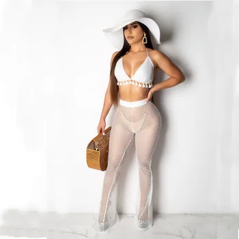 

Two Piece Set Tops And Pants Women Sleeveless V Neck gauze grid see though halter neck crop top+wide leg pants suit