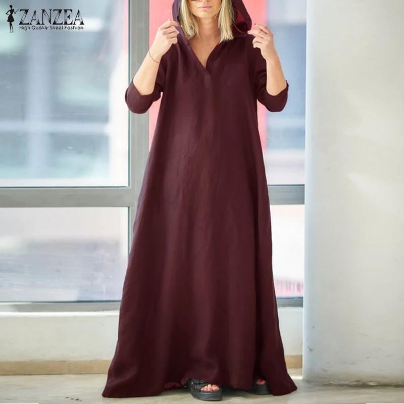 

2019 Autumn ZANZEA Women Hoodies Long Sleeve Dress Casual Vintage Solid Maxi Long Loose Cotton Linen Vestido Robe Party Sundress