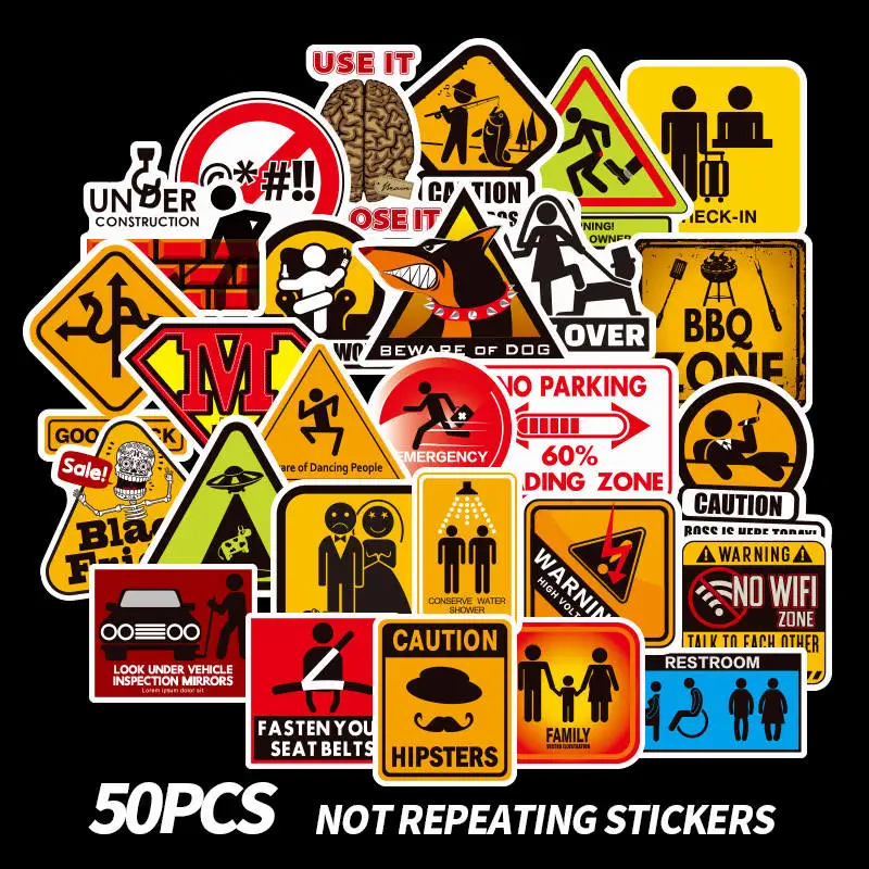 

50 PCS Danger Banning Signs Reminder Stickers Warning Sign Waterproof Decal Sticker For Laptop Phone Scrapbooking Diary Stickers