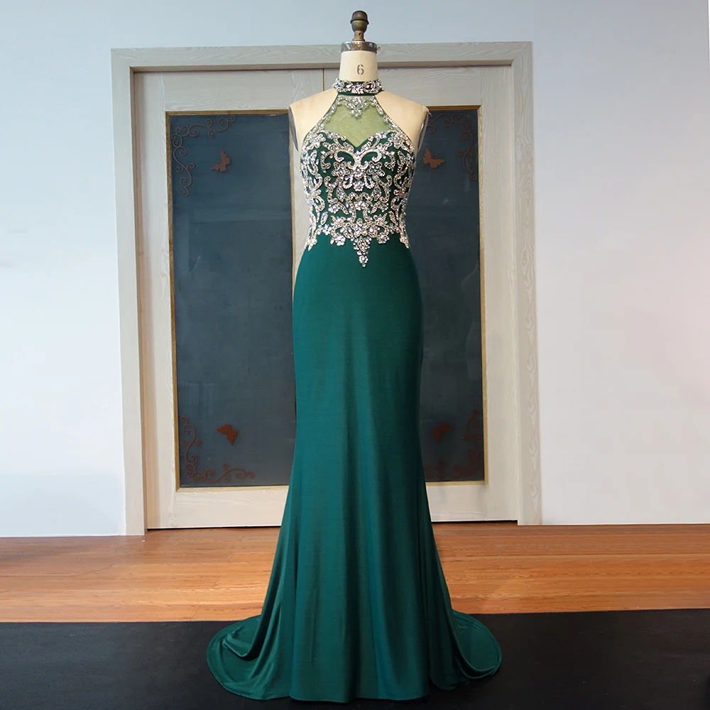 Сексуальное прозрачное зеленое платье с бретелькой на шее, платье для выпускного вечера с длинными роскошными бусинами и кристаллами для вечеринки без рукавов