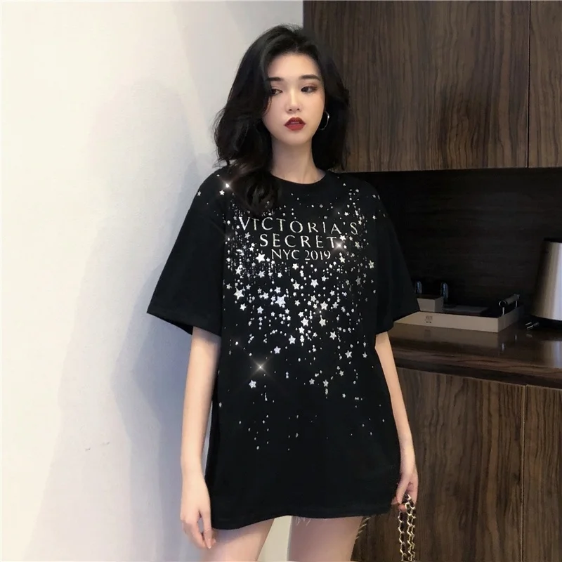 

Women's T-shirt Loose Cotton T-shirt Short Sleeve Shirt Female 2019 Summer Casual Korean Round Neck Bright Diamond Long T Shirt
