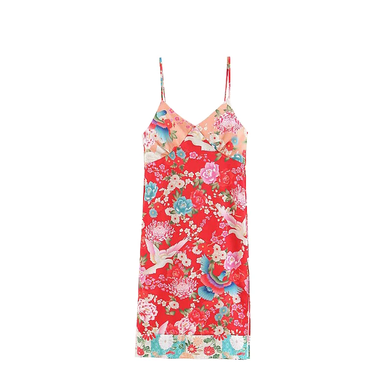 

Summer Women V-neck Spaghetti Strap Color Matching Floral Printed Dress Side Splite Japanese Style Straight Mid-calf Dress