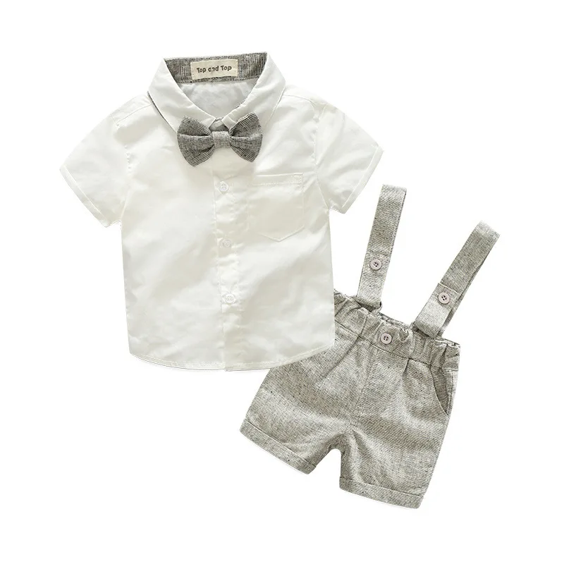 Летний стильный комплект одежды для маленьких мальчиков, одежда для новорожденных, 2 предмета, футболка с короткими рукавами+ подтяжки, Костюм Джентльмена