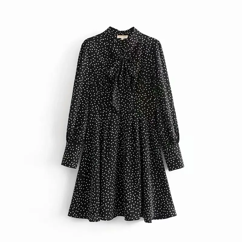 

QZ662 New Design Polka Dot Print Bow Knot Long Sleeve Black Color Dress Ladies Chic Pleated Dresses