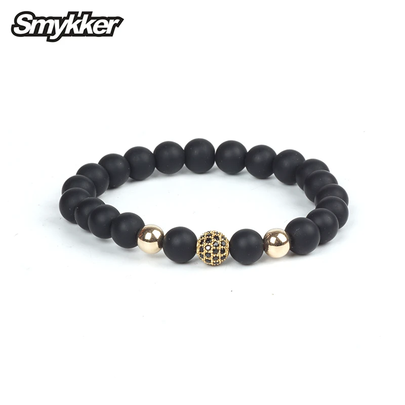 

Black Polish Matte Agate Bracelet Stone Bead Onyx Charms Golden Ball Stretch Strand Bracelets & Bangles For Women Yoga Jewelry