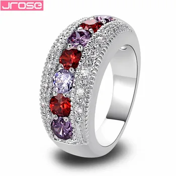 

JROSE Wedding Red & White Cubic Zirconia Silver Ring Size 6 7 8 9 10 11 12 13 Luxuriant Women For Party Wholesale