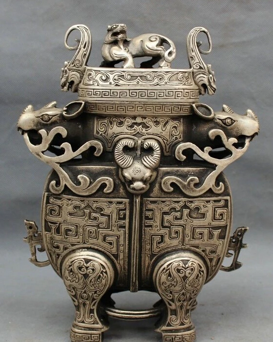 

10" Tibet Silver Royal Palace PiXiu Dragon Head Sheep Bull Ox Zun Statue Box Pot