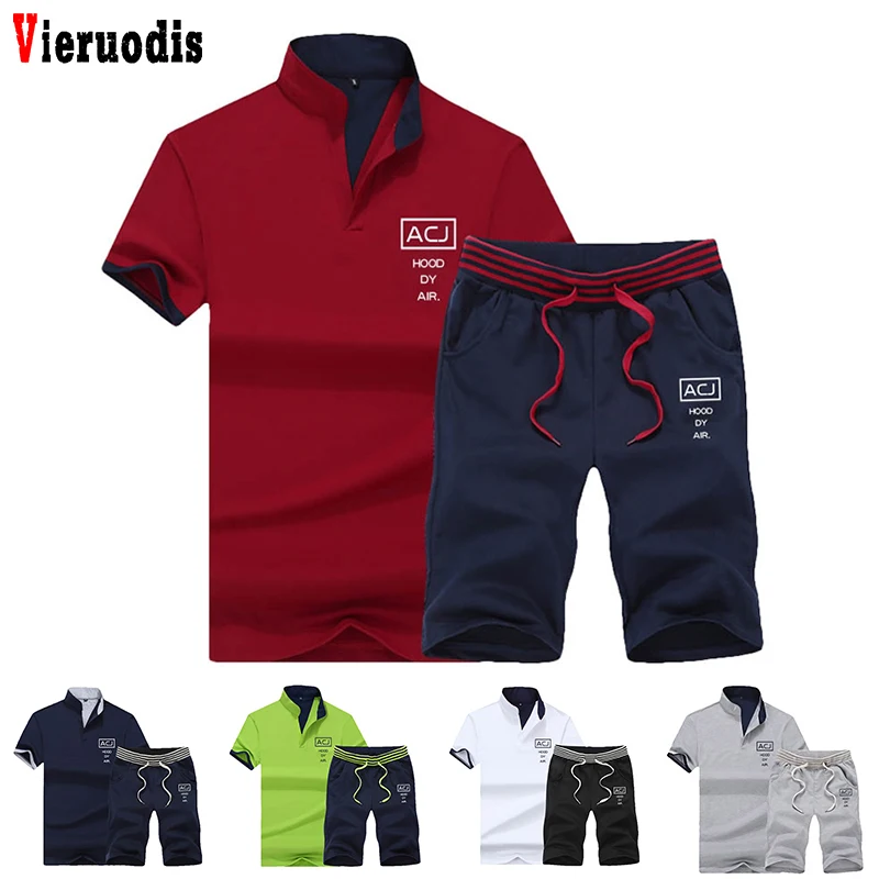 

2019 Fashion Summer 2PC Top Short Set Mens Stand Collar 2 Pieces T-shirt Shorts Fitness Suits Tracksuit Brand Sportsuits Set Men