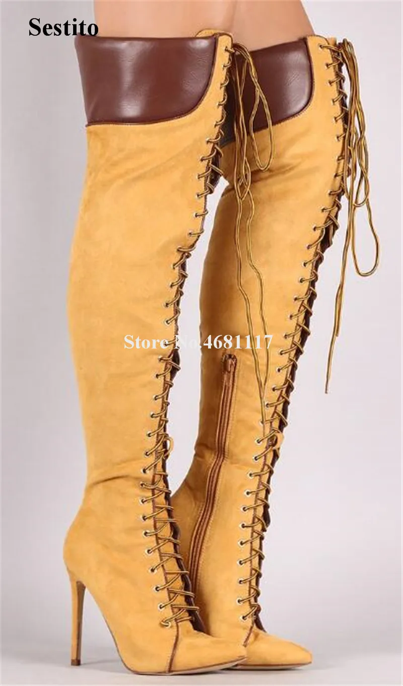 

Western Style Women Winter Pointed Toe Suede Leather Thin Hee Over Knee Boots Lace-up Long High Heel Boots Motorcycle Boots