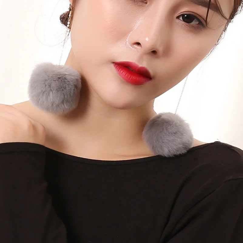 Ingesight.Z 5 Colors Exaggerated Rabbit Hair Pompon Chain Dangle Drop Earrings for Women Cony Hair Plush Ball Eardrop Brincos