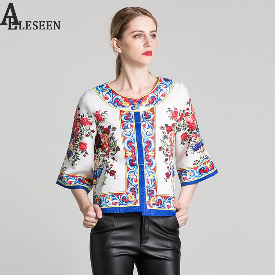 Fashion Ladies Overwear New 2017 Autumn Winter Rose Porcelain Print Women Designer Bomber 3/4 Sleeve New Luxury Loose Jacket