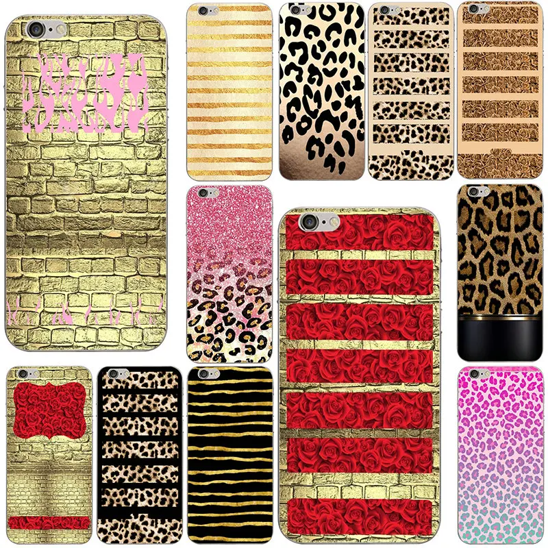 

Soft Silicone Phone Cases Cover for iphone 7 6S 6 8 Plus 5 5S 5C SE X XR XS Max 4 4S Bags Cheetah Print Pattern Gold Stripes