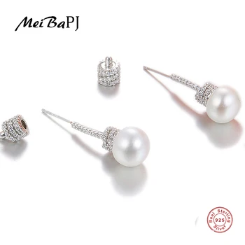 

[MeiBaPJ] Personality Women Pure S925 Sterling Silver Spiral Ear Nail Freshwater Pearl Earrings Fine Jewelry For Women