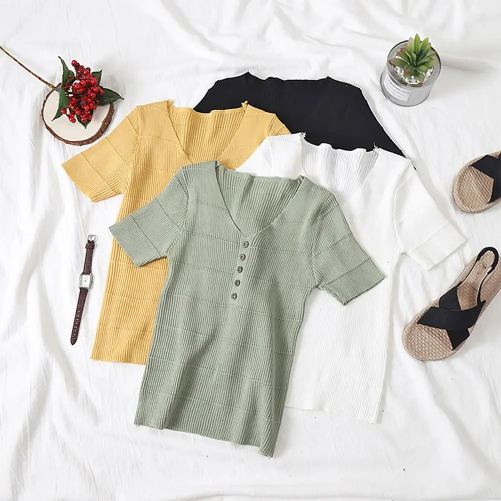 

Bright Silk Sweater Tops Women 2019 Summer Shirt Soid Short Sleeve Tshirt Casual V-Neck Knitted Top Female Loose Ladies T-shirt