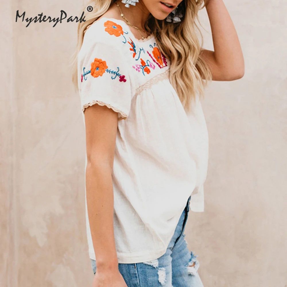 MysteryPark Beige Fashion Embroidered Fringe Blouses 2018 Summer Womens Casual Tops Square Collar Short Sleeve Patchwork Blouse Blouses