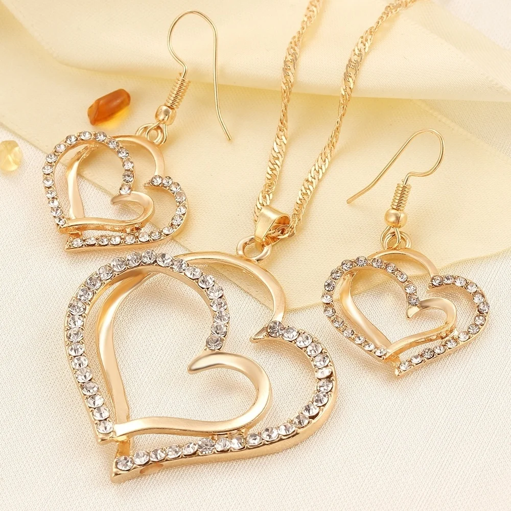 

Romantic Women Jewelry Sets Crystal Necklace Earrings Doubled Love Heart Necklace Earrings Set