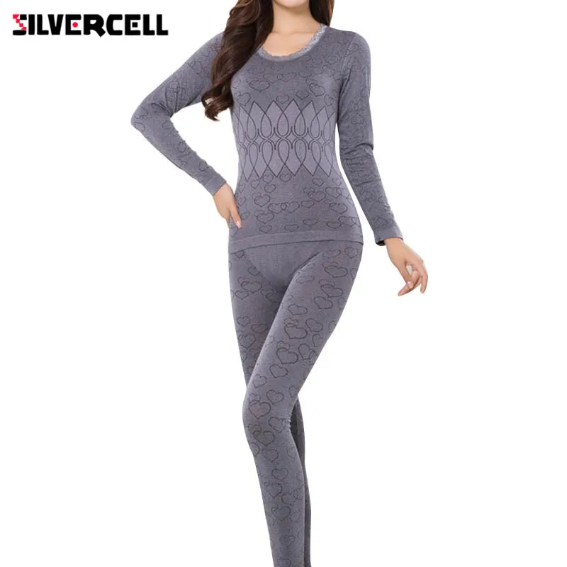 

SILVERCELL Winter sleepwear women pajamas sets o-neck jacquard long pajama suit floral bodycon women thermal underwear soft suit