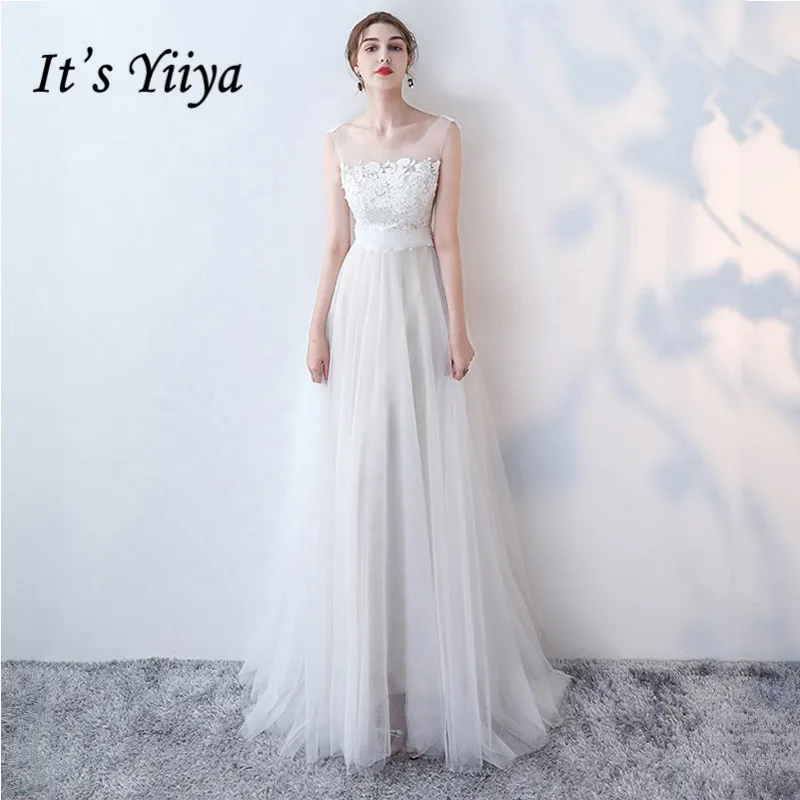 Это YiiYa платье для выпускного вечера aplliques Бисер кружевным шлейфом официальная Вечеринка платья с О-образным вырезом, сексуальные Иллюзия с бантом сзади белые вечерние наряды E121 - Цвет: Белый
