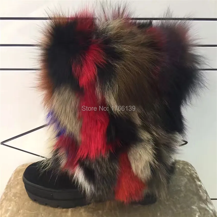Vintage Suede Women Platform Ankle Boots Full Fox Fur Thick Heel Flat Booties Winter Warm Botas Militares Botas Mujer
