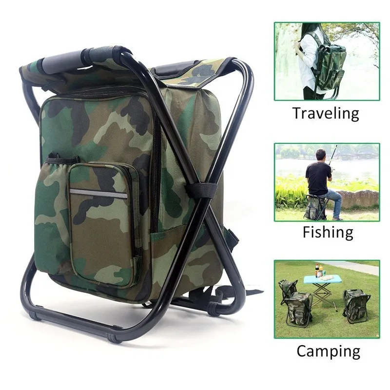 Portable Camping Folding Backpack Chair Double Oxford Cloth Refrigerated Bag Camouflage Fishing Chair