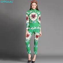 QYFCIOUFU High Quality Vintage Women 2 Piece Set Floral Printed Long Sleeves Tops And Blouses + Runway Casual Pencil Pants