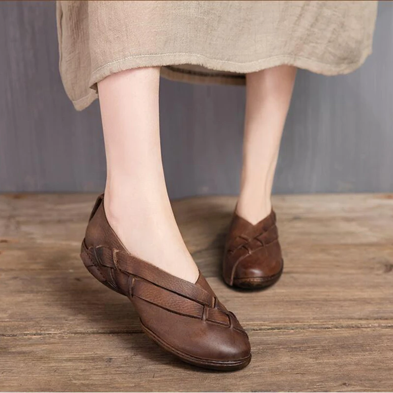 Fait Fond Plates Zapatos 1 Mujer Nouveau D'été Mou Chaussures Main Femmes Rétro En Cuir 2 Ballerines Véritable 484v5OqgUw