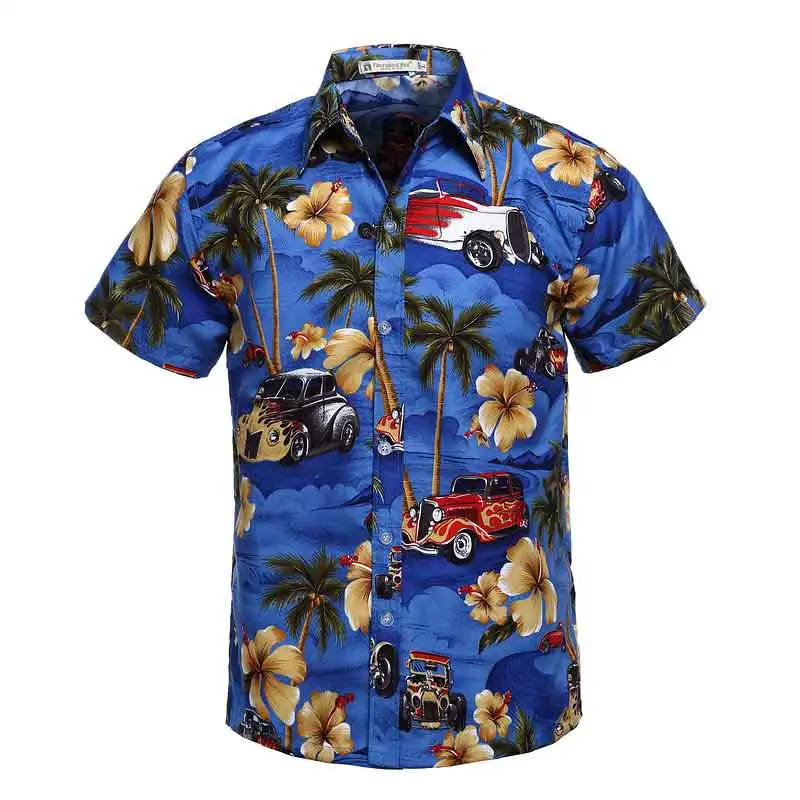 Пляжные рубашки с принтом машины мужские желтые свободные 4XL повседневные Гавайские рубашки для серфинга мужские летние с коротким рукавом chemise homme - Цвет: 9