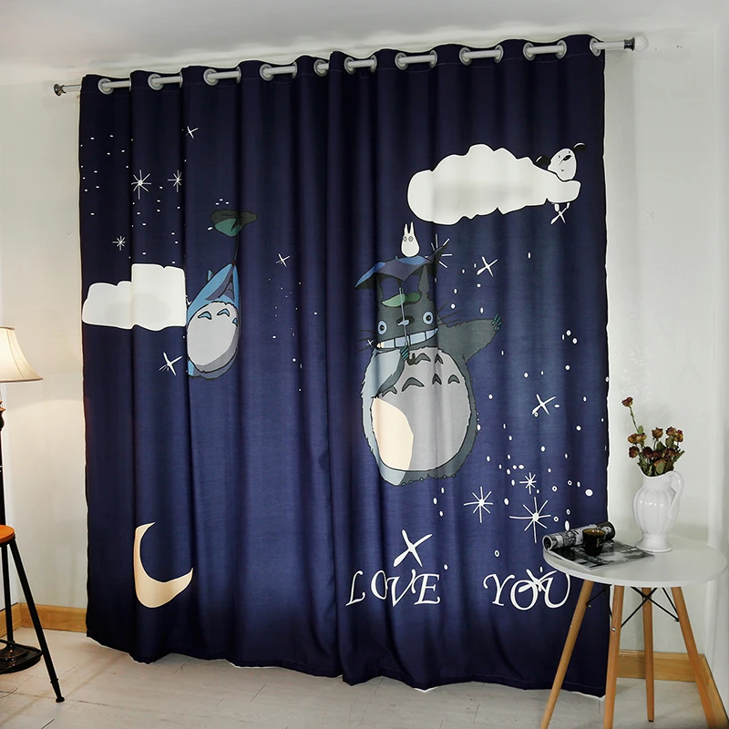 

Cartoon Style Curtain Living Room Kid's Room Curtains ECO-Friendly Children Room Decor Totoro Printing Blue Curtains Love You
