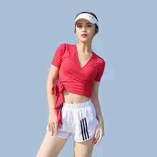 OVESPORT рубашка с галстуком-бабочкой для женщин, с коротким рукавом, с v-образным вырезом, Спортивная рубашка для женщин, для фитнеса бега зала, топ для йоги, спортивная одежда