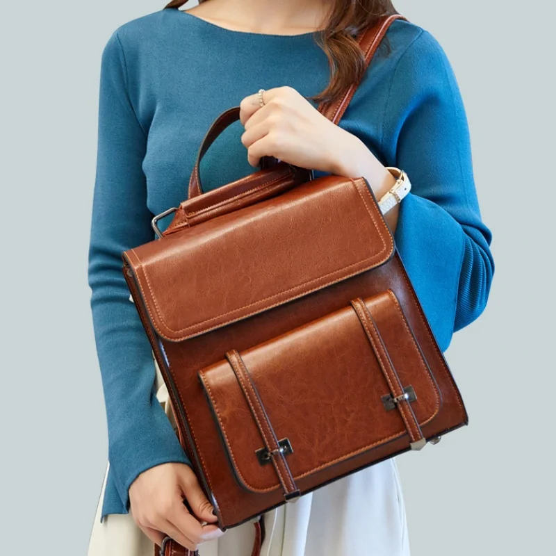 

ZKW Fashion Brief Genuine Leather Women's Backpacks Oil Wax Vintage Bag Casual Ladies Double Shoulders Bags