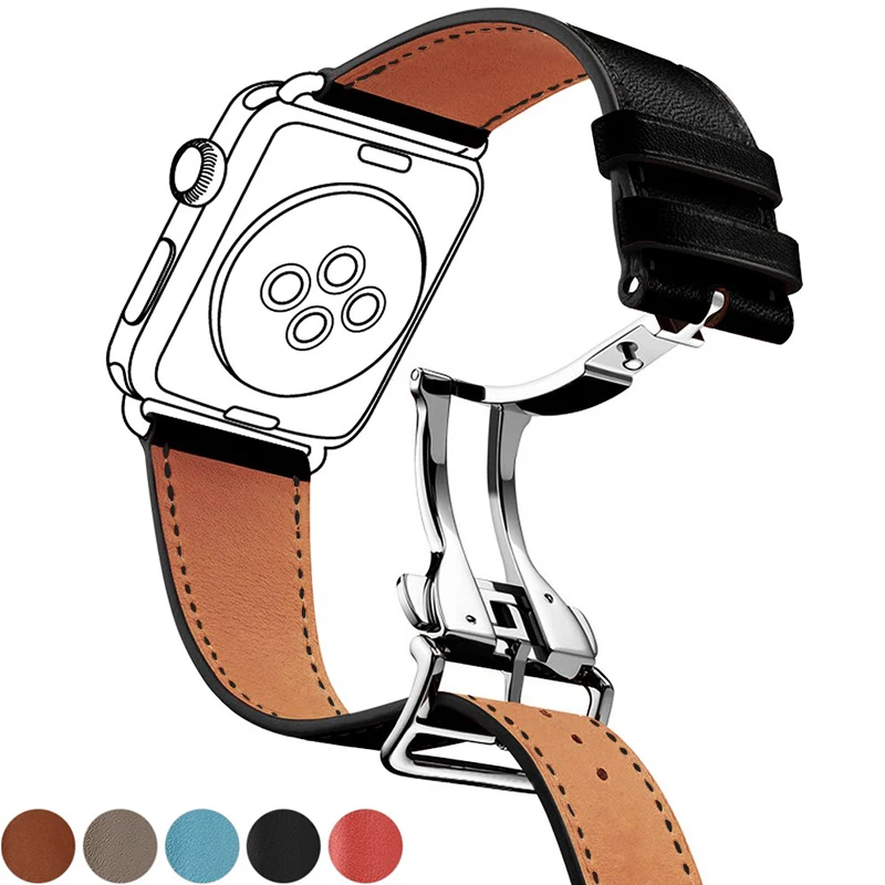 

Genuine leather strap for apple watch band 42mm 38mm 4/3/2/1 bracelet Deployment Buckle watchband for iwatch 44mm 40mm correa