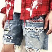Мужчины бандана Пейсли арт патчи рваные разрушенная деним шорты