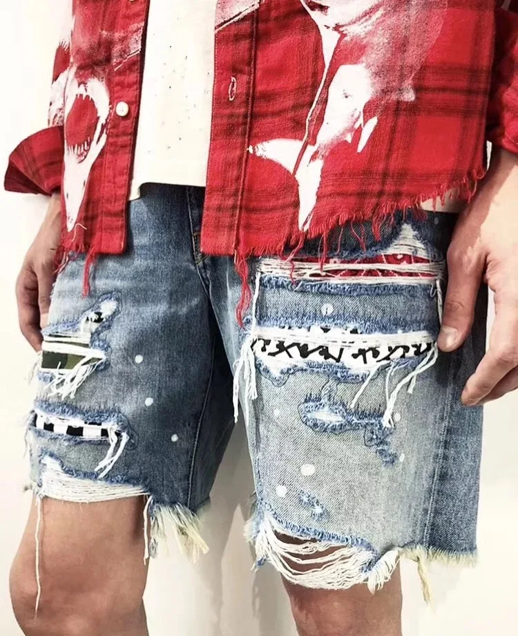 

men Bandana Paisley art patches ripped destroyed denim shorts