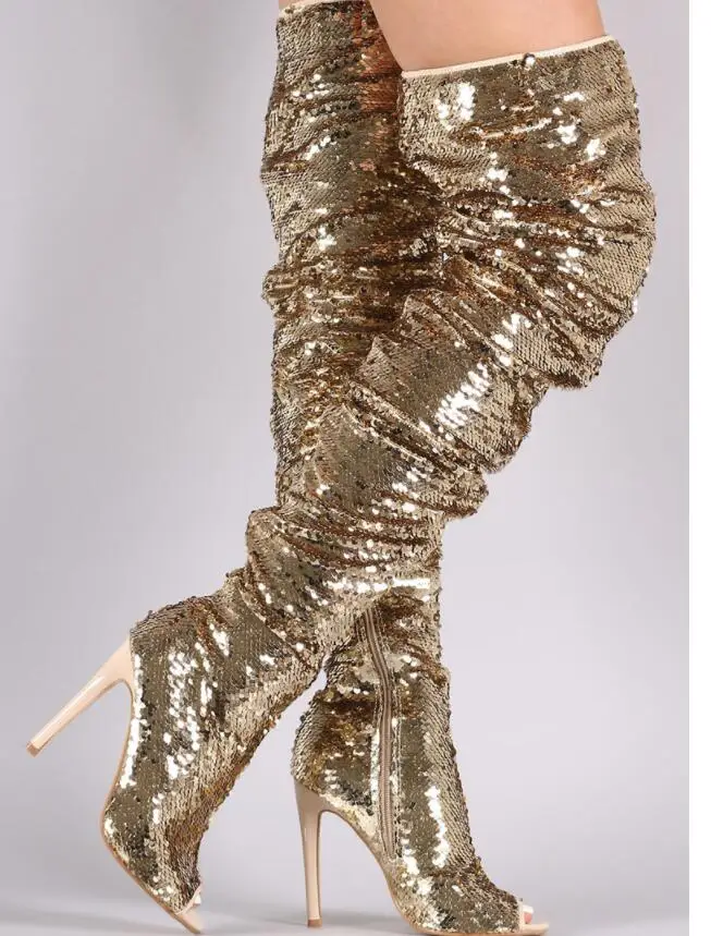 

Dipsloot 2019 Women Sexy Bling Bling Glitter High Heels Dress Runway Shoes For Ladies Open Toe Gladiator Sandals Boots