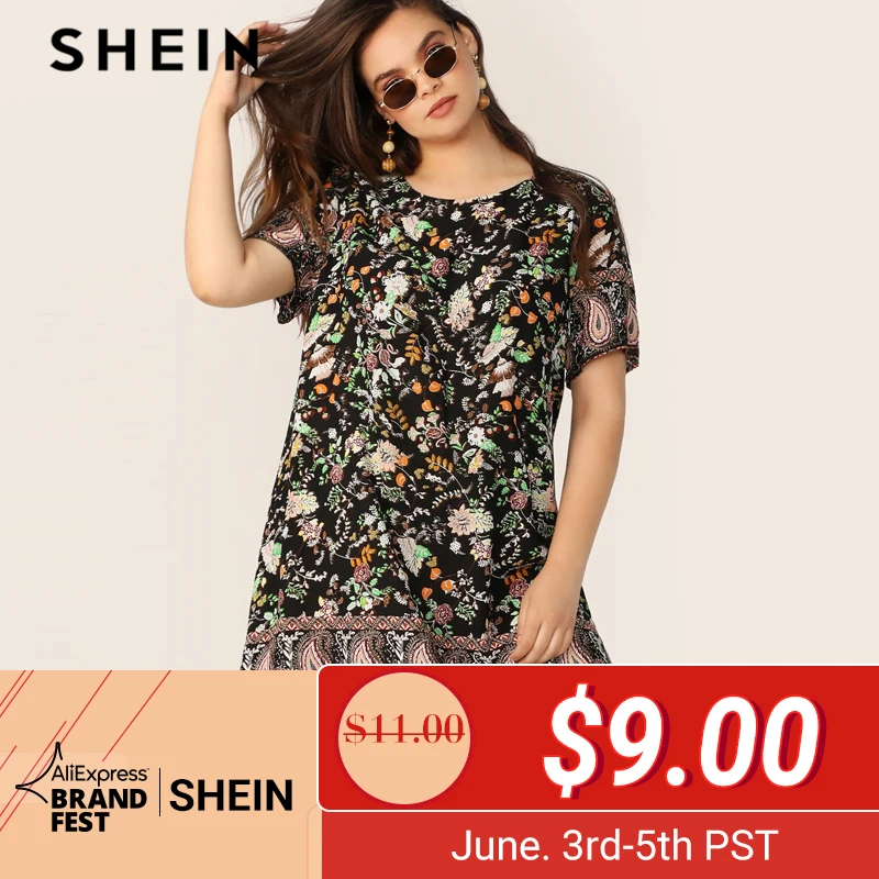 

SHEIN Plus Size Multicolor Floral And Paisley Print Tunic Dress 2019 Women Summer Boho Shift Short Sleeve Round Neck Dresses