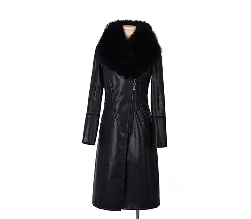 Высококачественная кожаная женская куртка осень зима меховой воротник длинный плюс бархат толстый хлопок пальто из искусственной кожи теплое пальто