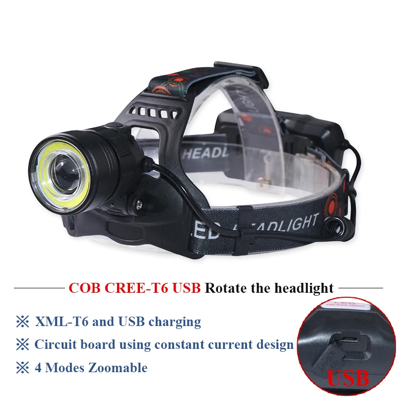 

USB rechargeable xml t6 headlamp 18650 COB headlight zoom high power led head torch head lamp fishing camping head lantern led