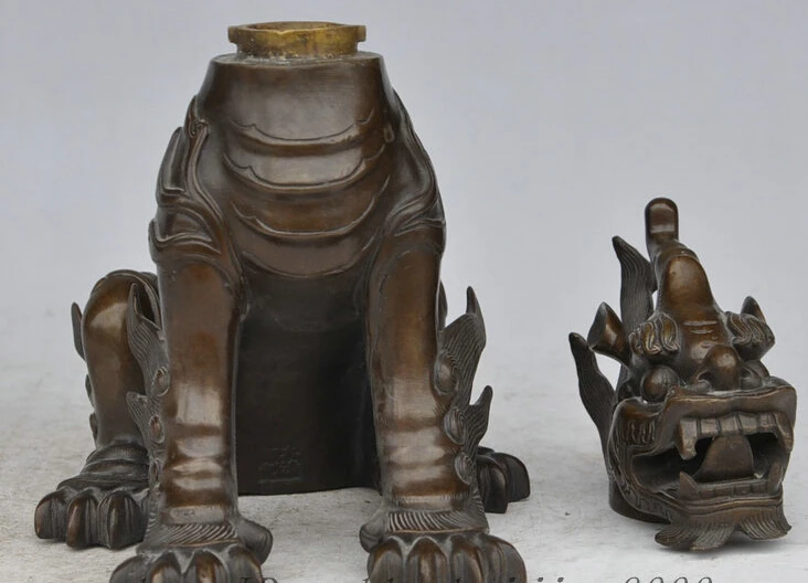 

Details about 9" Chinese Pure Bronze Folk FengShui Dragon Kylin Head Statue Incense Burner