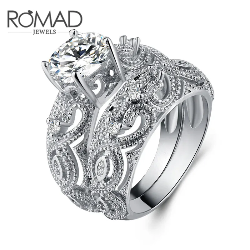 

ROMAD 2 pcs/set Ring Set Hollow Flower Shaped Crystal Rings For Women Party Wedding Engagement Ring Fashion Jewelry R4