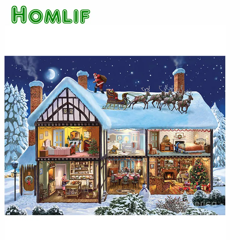 

HOMLIF Snow villa Full Diamond embroidery landscape Diy Diamond painting house 3d Diamond mosaic round icon Paste Christmas gif