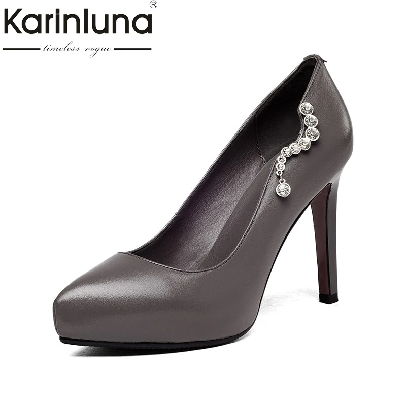 Karinluna 2018 Spring Autumn Brand New Bead Genuine Leather Women Ol Pumps High Heels slip-on Shallow Platform Shoes Woman