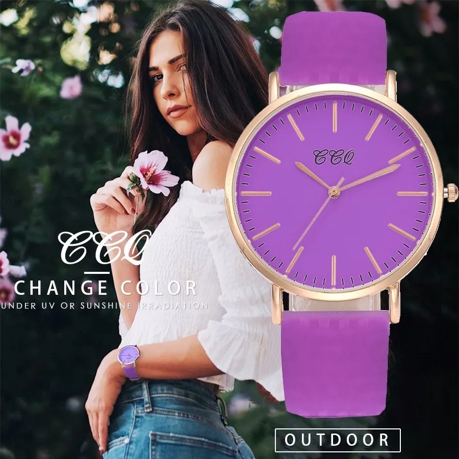 

CCQ Unisex Fashion Change Color In the Sunshine Watches Women Dress Wristwatch Casual Leather Quartz Watches Luxury Girl Watch