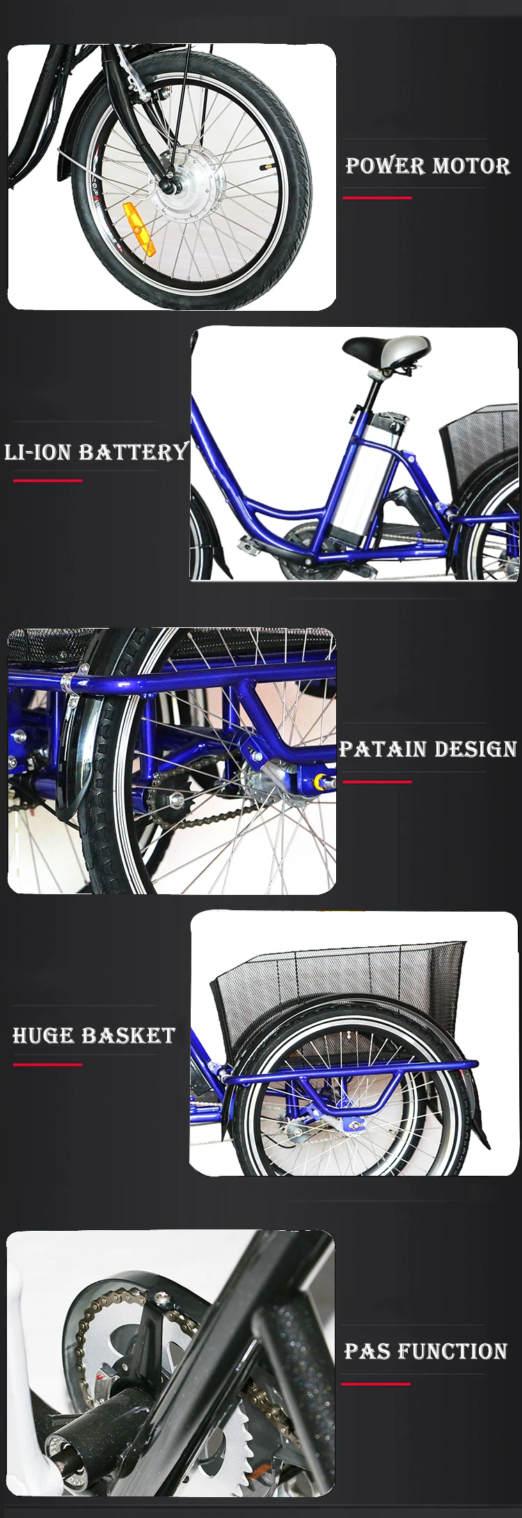 Электрический велосипед электрический 2017 Новый дизайн большой размер 3 колеса с одним сиденьем Электрический трехколесный велосипед