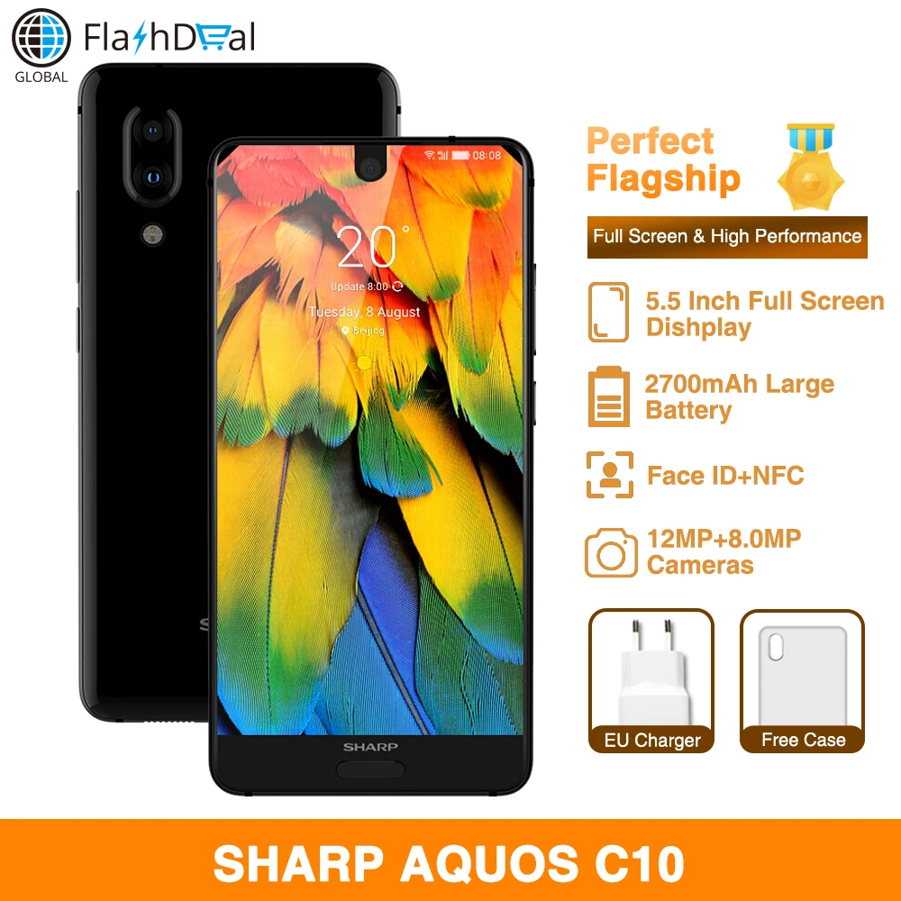 Оригинал SHARP AQUOS C10 Android 8,0 мобильные телефоны 5,5 "FHD + Восьмиядерный процессор Snapdragon 630 4 Гб + 64 Гб распознавание лица NFC 12MP 4G смартфон