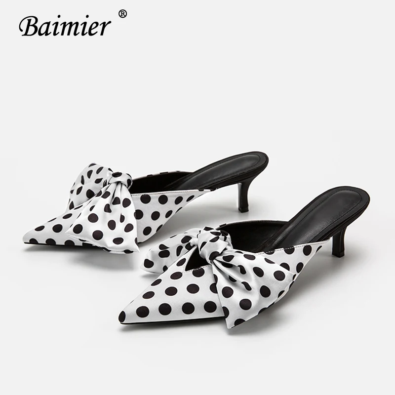 

Baimier Summer Silk Polka Dot High Heel Women Sandals Slip On Kitten Heel Women Pumps 2019 Fashion Sexy Bow Tie Women Slippers